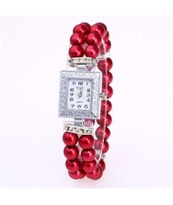 Silver Square Index Beads Style Women Wrist Watch - Red