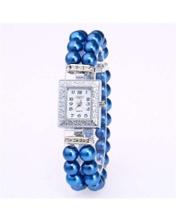 Silver Square Index Beads Style Women Wrist Watch - Blue