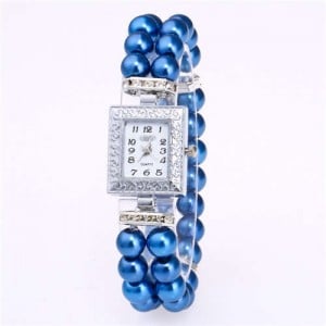 Silver Square Index Beads Style Women Wrist Watch - Blue