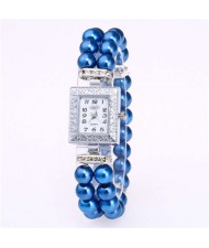 Silver Square Index Beads Style Women Wrist Watch - Blue