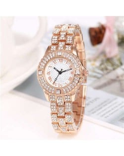 Shining Rhinestone Embellished Steel Women Wrist Watch - Rose Gold