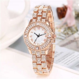 Shining Rhinestone Embellished Steel Women Wrist Watch - Rose Gold