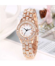 Shining Rhinestone Embellished Steel Women Wrist Watch - Rose Gold
