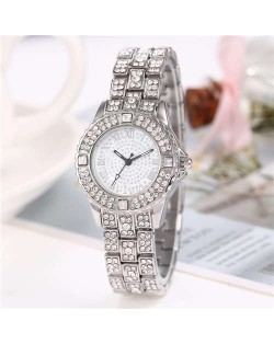 Shining Rhinestone Embellished Steel Women Wrist Watch - Silver