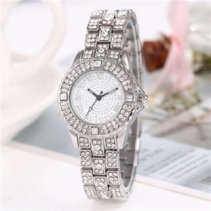 Shining Rhinestone Embellished Steel Women Wrist Watch - Silver