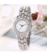 Shining Rhinestone Embellished Steel Women Wrist Watch - Silver