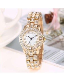 Shining Rhinestone Embellished Steel Women Wrist Watch - Golden