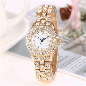 Shining Rhinestone Embellished Steel Women Wrist Watch - Golden