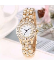Shining Rhinestone Embellished Steel Women Wrist Watch - Golden