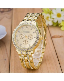 Rhinestone Inlaid Multiple Indexes Design Steel High Fashion Wrist Watch - Golden