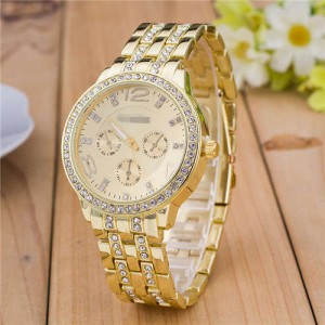Rhinestone Inlaid Multiple Indexes Design Steel High Fashion Wrist Watch - Golden