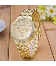 Rhinestone Inlaid Multiple Indexes Design Steel High Fashion Wrist Watch - Golden