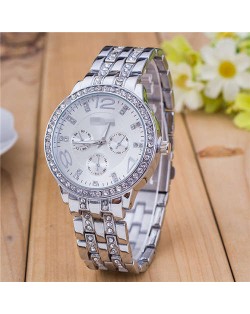 Rhinestone Inlaid Multiple Indexes Design Steel High Fashion Wrist Watch - Silver