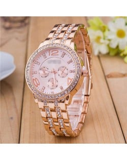 Rhinestone Inlaid Multiple Indexes Design Steel High Fashion Wrist Watch - Rose Gold