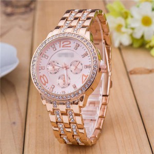 Rhinestone Inlaid Multiple Indexes Design Steel High Fashion Wrist Watch - Rose Gold