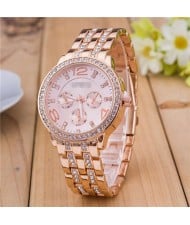 Rhinestone Inlaid Multiple Indexes Design Steel High Fashion Wrist Watch - Rose Gold