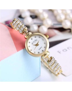 Rhinestone Embellished Unique Design High Fashion Women Wrist Watch - Golden