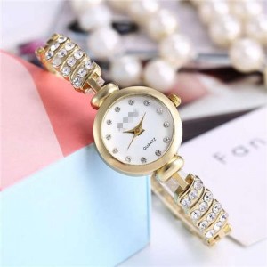 Rhinestone Embellished Unique Design High Fashion Women Wrist Watch - Golden