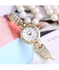 Rhinestone Embellished Unique Design High Fashion Women Wrist Watch - Golden