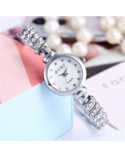 Rhinestone Embellished Unique Design High Fashion Women Wrist Watch - Silver