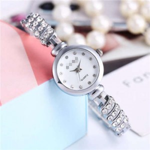 Rhinestone Embellished Unique Design High Fashion Women Wrist Watch - Silver