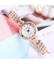 Rhinestone Embellished Unique Design High Fashion Women Wrist Watch - Rose Gold