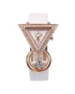 Rhinestone Rimmed Triangle Shape Design Index High Fashion Women Wrist Watch - White