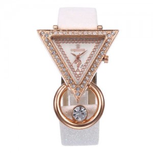 Rhinestone Rimmed Triangle Shape Design Index High Fashion Women Wrist Watch - White