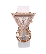 Rhinestone Rimmed Triangle Shape Design Index High Fashion Women Wrist Watch - White