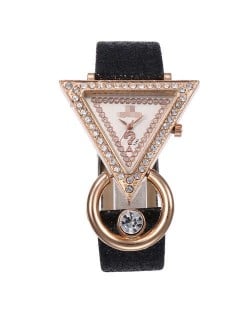 Rhinestone Rimmed Triangle Shape Design Index High Fashion Women Wrist Watch - Black