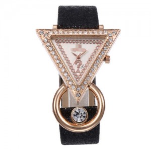Rhinestone Rimmed Triangle Shape Design Index High Fashion Women Wrist Watch - Black
