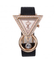 Rhinestone Rimmed Triangle Shape Design Index High Fashion Women Wrist Watch - Black