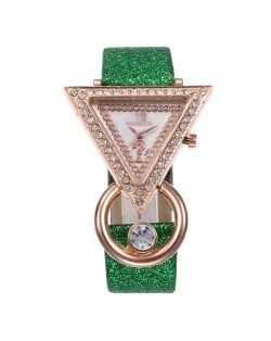 Rhinestone Rimmed Triangle Shape Design Index High Fashion Women Wrist Watch - Green