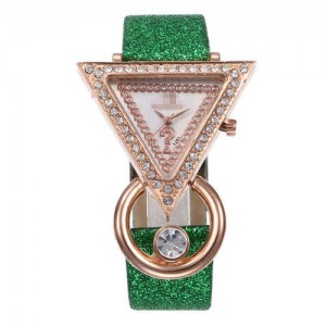 Rhinestone Rimmed Triangle Shape Design Index High Fashion Women Wrist Watch - Green