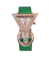 Rhinestone Rimmed Triangle Shape Design Index High Fashion Women Wrist Watch - Green