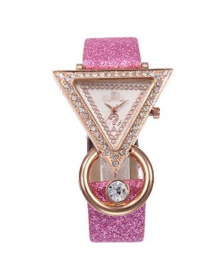 Rhinestone Rimmed Triangle Shape Design Index High Fashion Women Wrist Watch - Pink