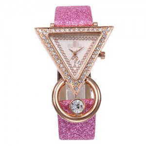 Rhinestone Rimmed Triangle Shape Design Index High Fashion Women Wrist Watch - Pink