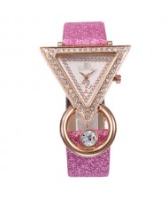 Rhinestone Rimmed Triangle Shape Design Index High Fashion Women Wrist Watch - Pink