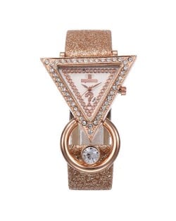 Rhinestone Rimmed Triangle Shape Design Index High Fashion Women Wrist Watch - Brown