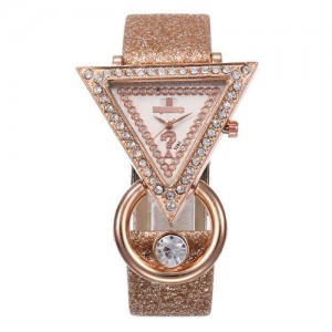 Rhinestone Rimmed Triangle Shape Design Index High Fashion Women Wrist Watch - Brown