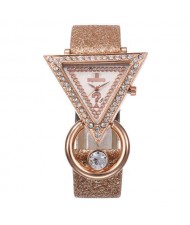 Rhinestone Rimmed Triangle Shape Design Index High Fashion Women Wrist Watch - Brown