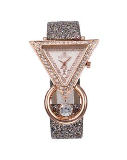 Rhinestone Rimmed Triangle Shape Design Index High Fashion Women Wrist Watch - Gray