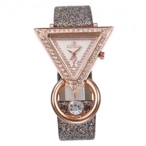 Rhinestone Rimmed Triangle Shape Design Index High Fashion Women Wrist Watch - Gray