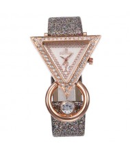 Rhinestone Rimmed Triangle Shape Design Index High Fashion Women Wrist Watch - Gray