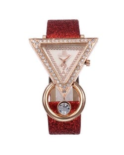 Rhinestone Rimmed Triangle Shape Design Index High Fashion Women Wrist Watch - Red