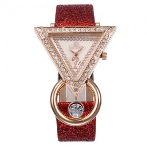 Rhinestone Rimmed Triangle Shape Design Index High Fashion Women Wrist Watch - Red