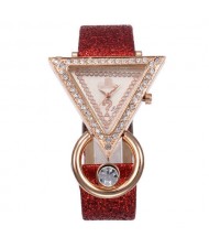 Rhinestone Rimmed Triangle Shape Design Index High Fashion Women Wrist Watch - Red