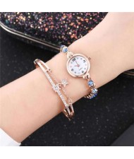 High Fashion Rhinestone Inlaid Simple Arabic Numerals Index Bracelets Combo Women Design Wrist Watch