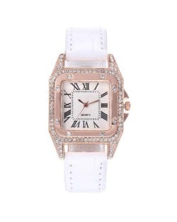 6 Colors Available Rhinestone Embellished Roman Numerals Vintage Index Design Square Wrist Watch