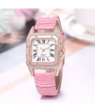 6 Colors Available Rhinestone Embellished Roman Numerals Vintage Index Design Square Wrist Watch